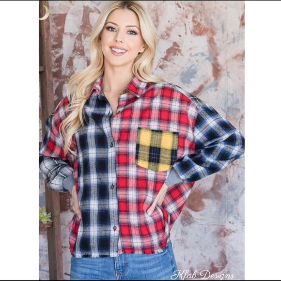 New! Sale 🎉 Reverse Multi Plaid Flannel Button down top shirt - Picture 4 of 6